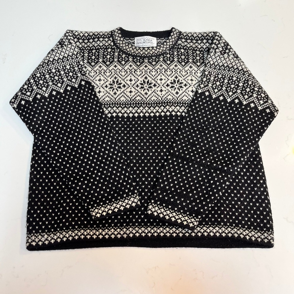 Alpaca Imports Womens Small Alpaca‎ Wool Fair Isle Sweater Black White Peru Made